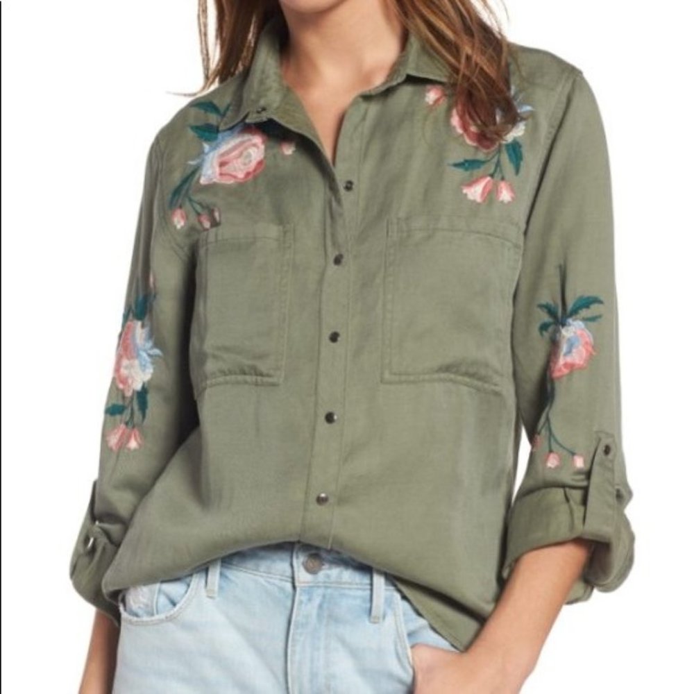 Rails Green Button Down Linen Shirt Embroidered M